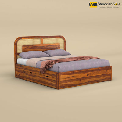 Modern Cane Drawer Storage Bed (King Size, Honey Finish)