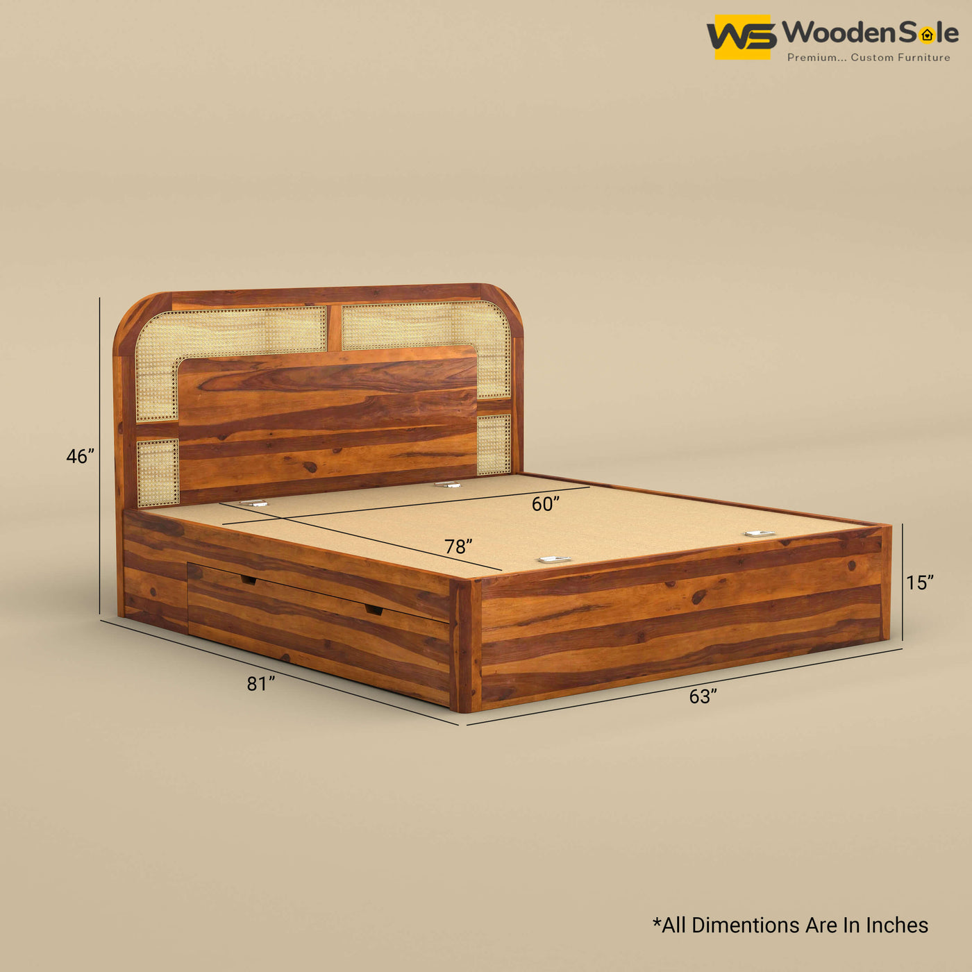 Modern Cane Drawer Storage Bed (Queen Size, Honey Finish)