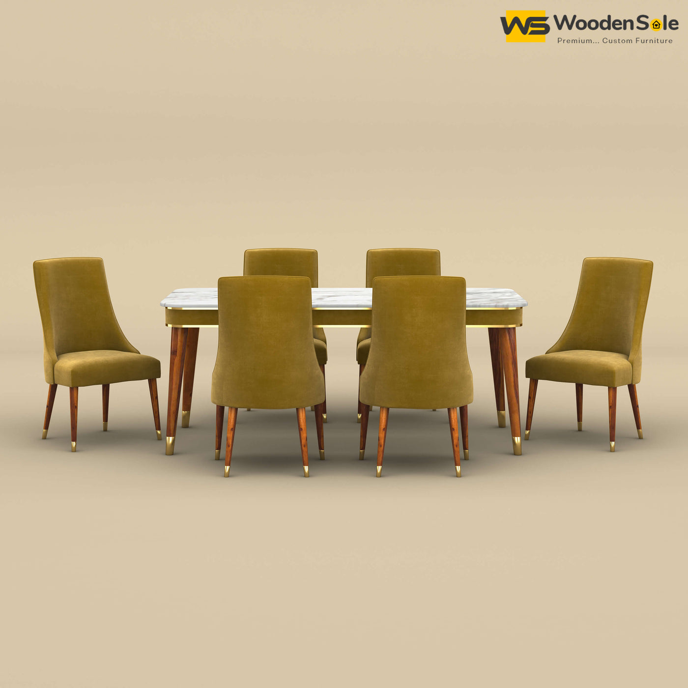 Dublin Marble Top 6 Seater Dining Set (Velvet, Mustard Yellow)