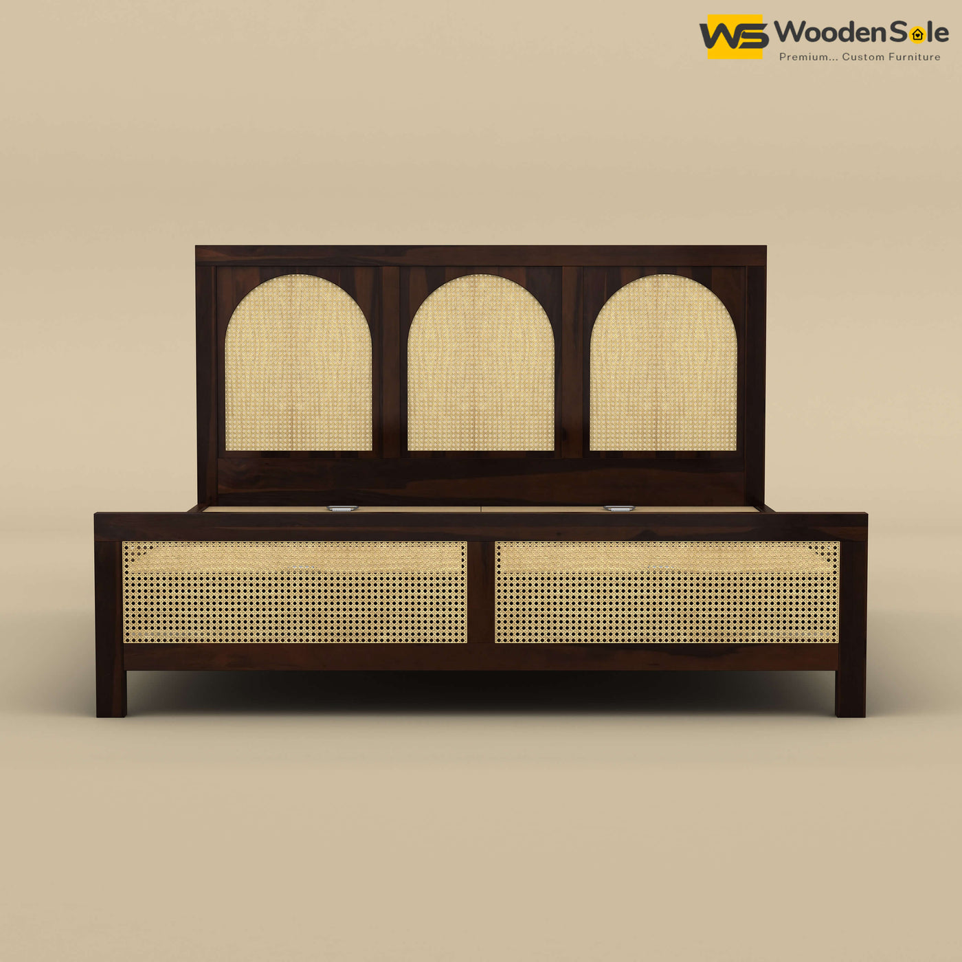 Wooden Rattan Cane Bed (King Size, Walnut Finish)