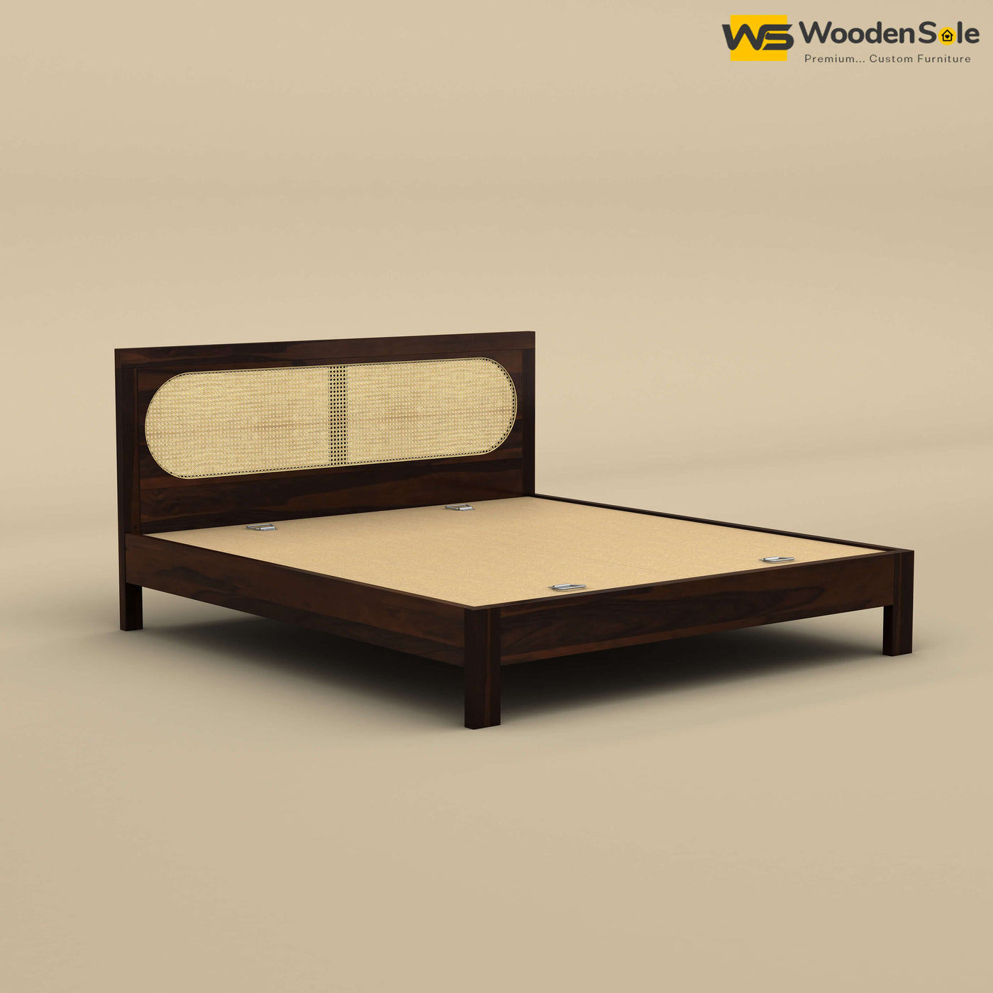 Wooden Sole Caning Bed (King Size, Walnut Finish)