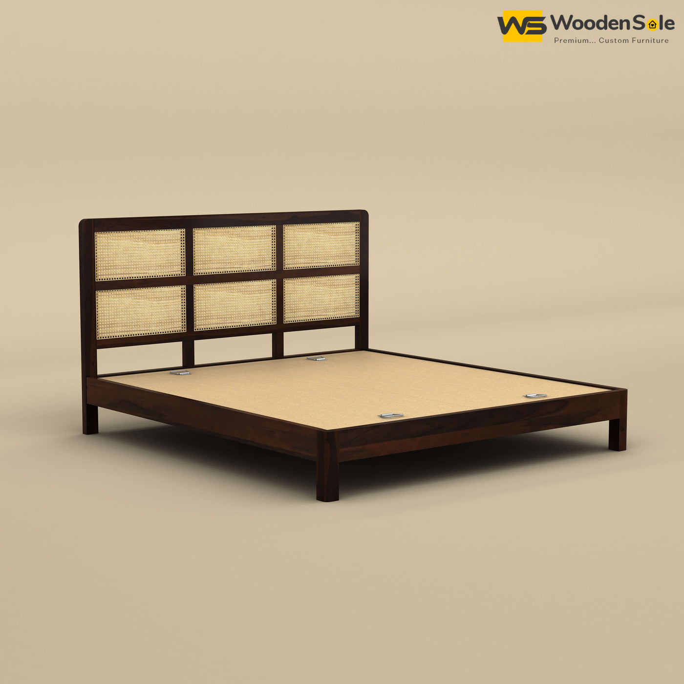 Wooden Rattan Platform Bed (King Size, Walnut Finish)