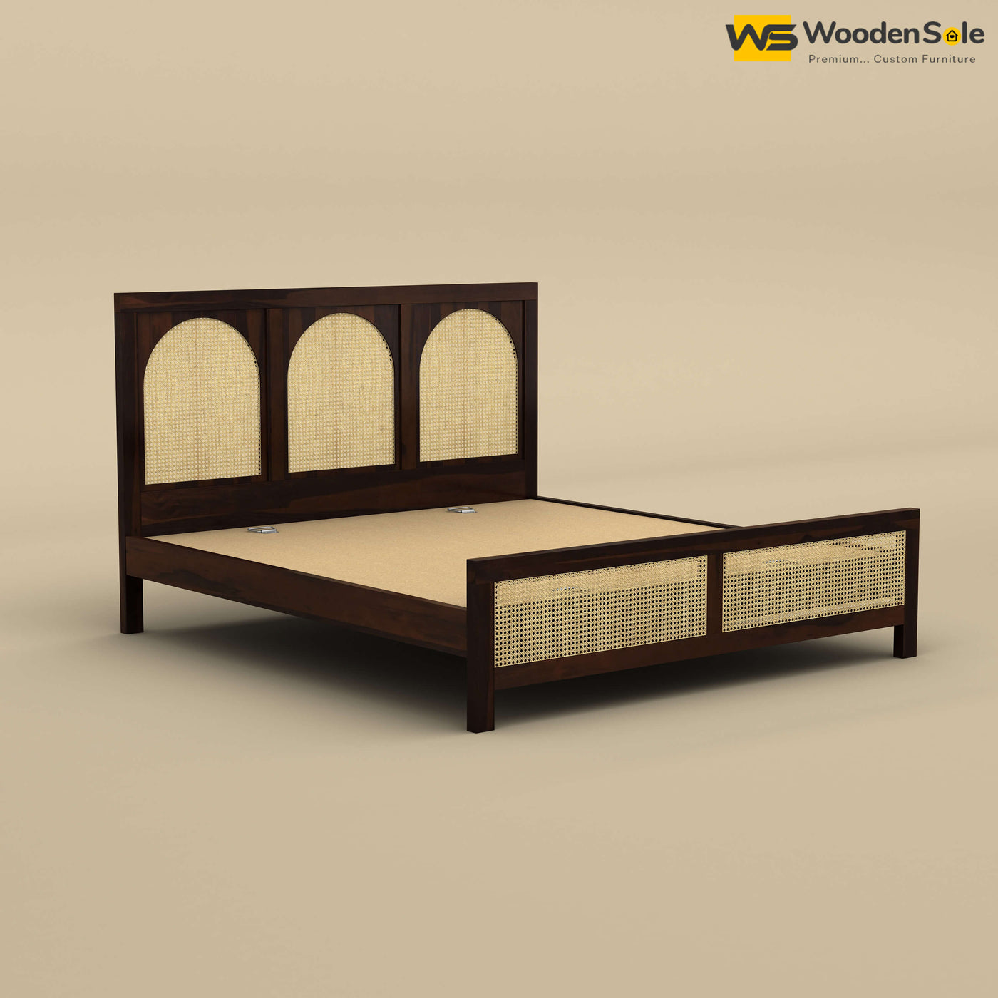 Wooden Rattan Cane Bed (King Size, Walnut Finish)