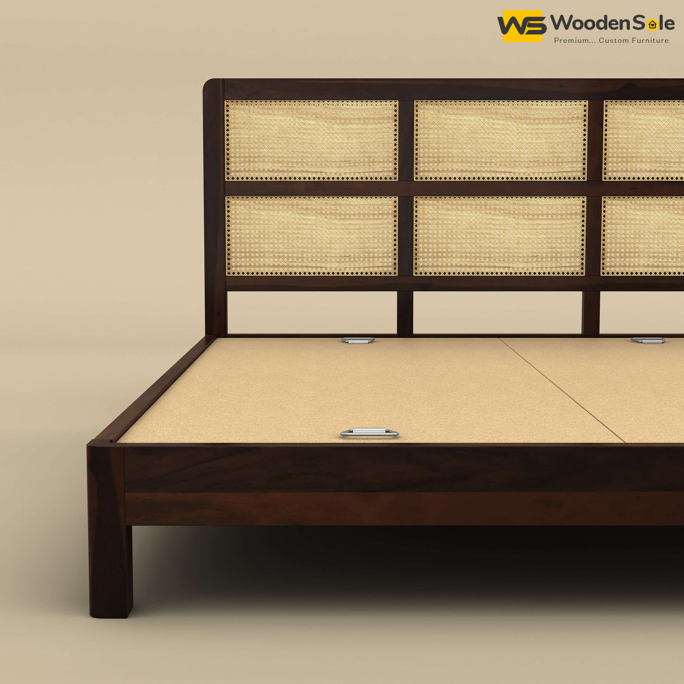 Wooden Rattan Platform Bed (King Size, Walnut Finish)