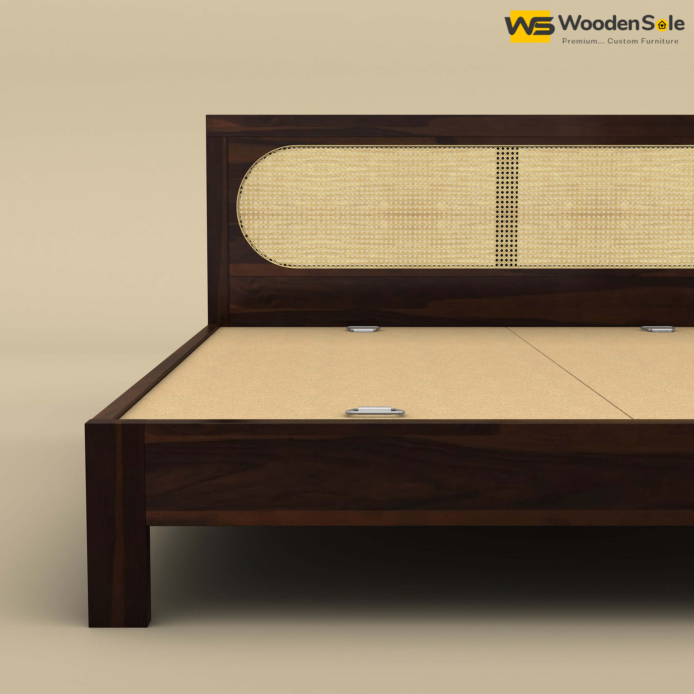 Wooden Sole Caning Bed (King Size, Walnut Finish)