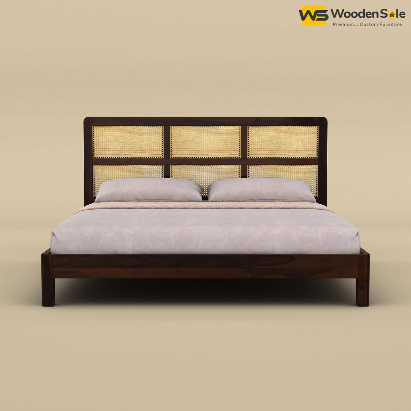 Wooden Rattan Platform Bed (King Size, Walnut Finish)