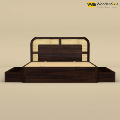 Modern Cane Drawer Storage Bed (King Size, Walnut Finish)