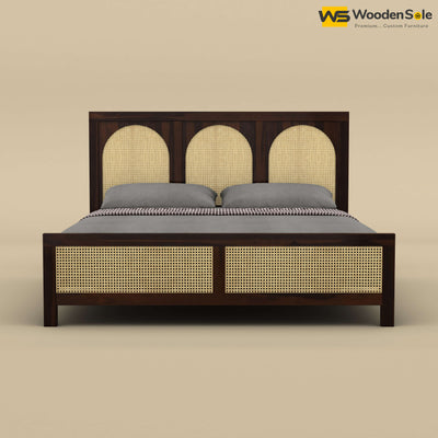 Wooden Rattan Cane Bed (King Size, Walnut Finish)