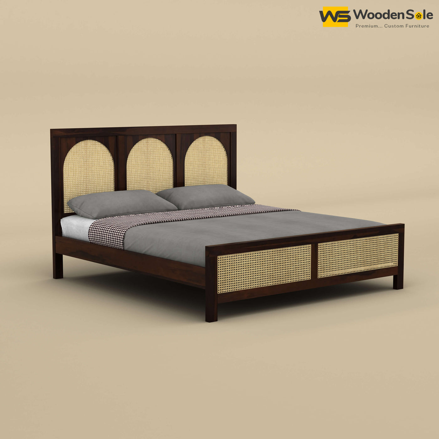 Wooden Rattan Cane Bed (King Size, Walnut Finish)