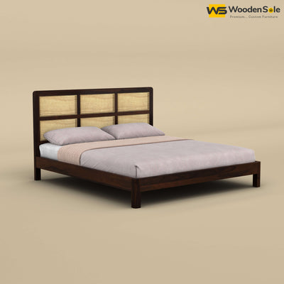 Wooden Rattan Platform Bed (King Size, Walnut Finish)