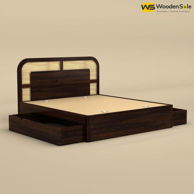Modern Cane Drawer Storage Bed (King Size, Walnut Finish)