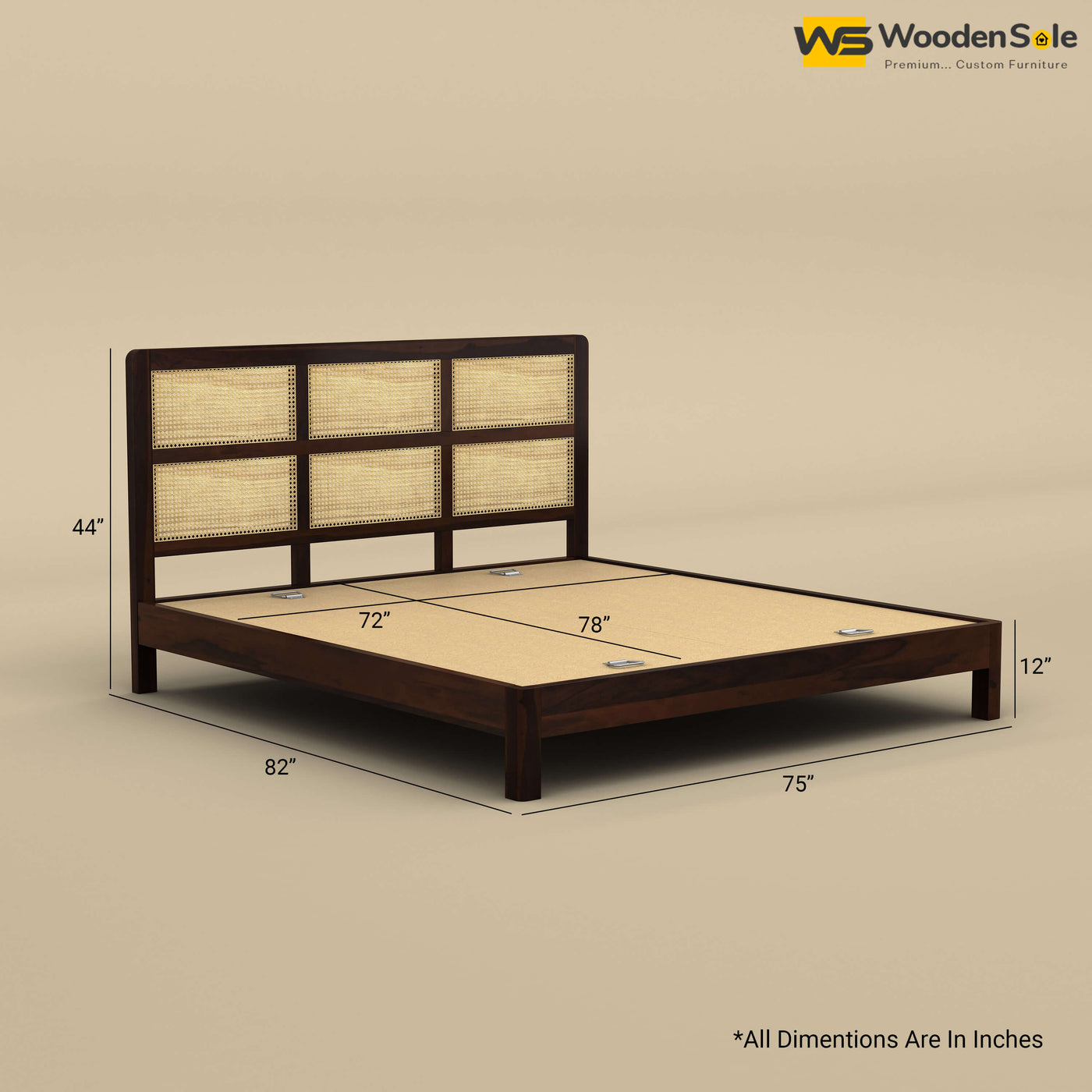 Wooden Rattan Platform Bed (King Size, Walnut Finish)