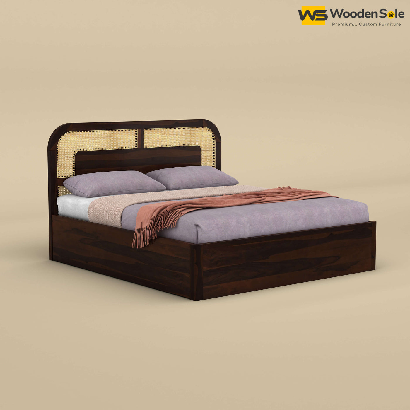 Modern Cane Hydraulic Storage Bed (King Size, Walnut Finish)