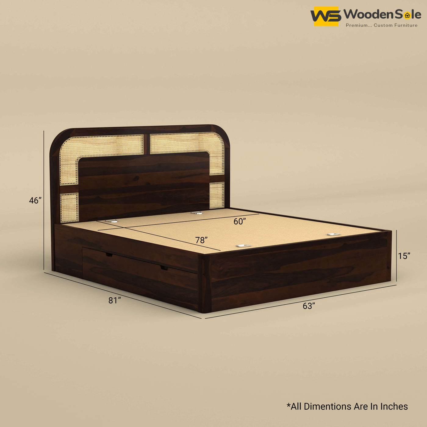 Modern Cane Drawer Storage Bed (Queen Size, Walnut Finish)
