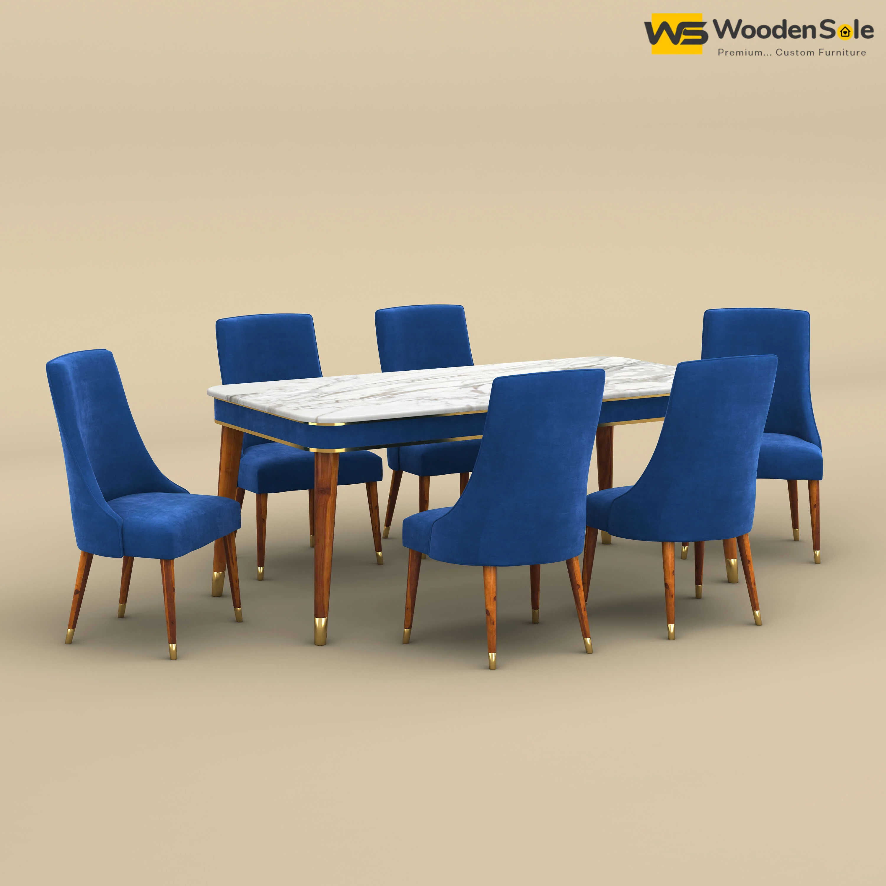 Dublin Marble Top 6 Seater Dining Set (Velvet, Royal Blue)