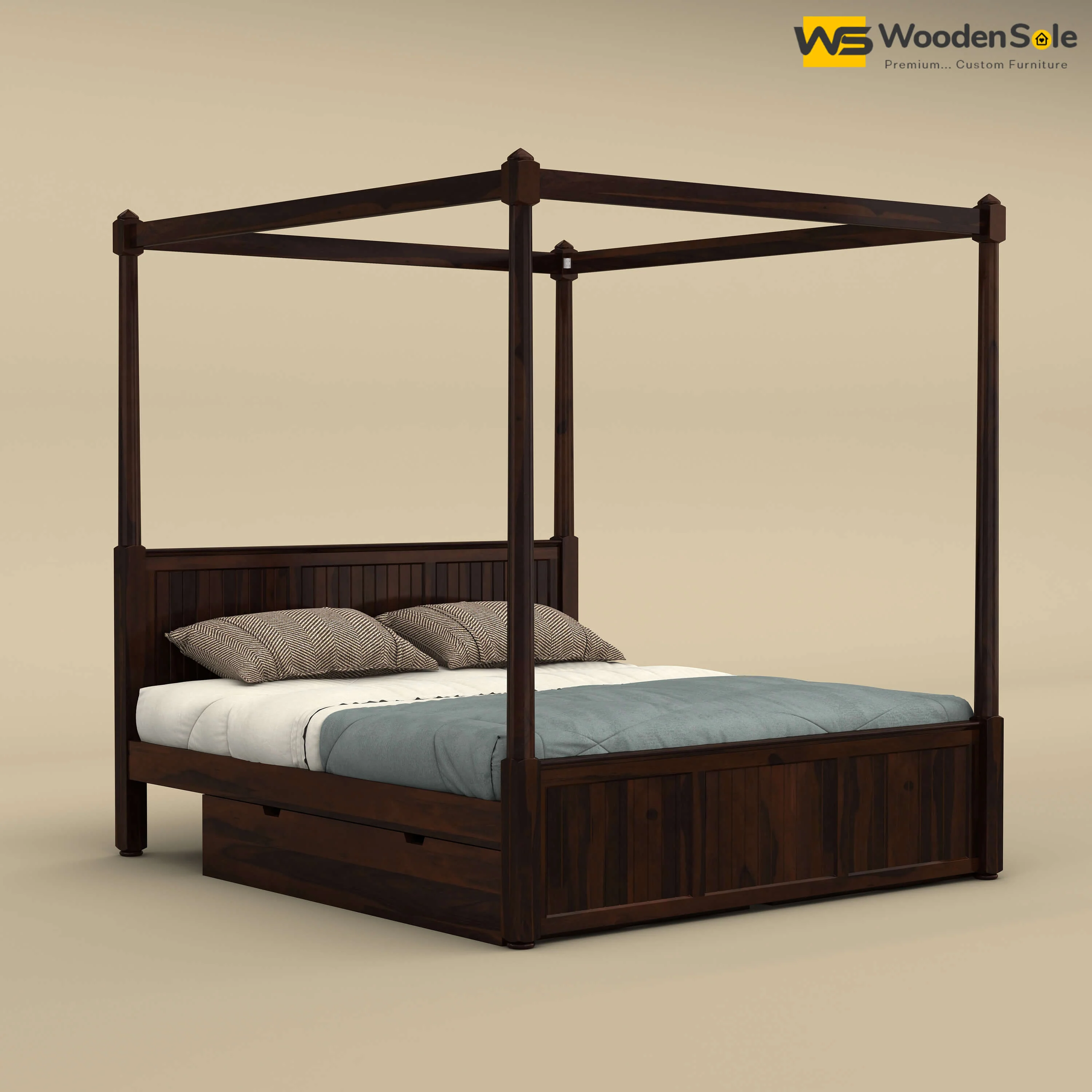 Angelo Poster Bed with Drawer (Queen Size, Walnut Finish)