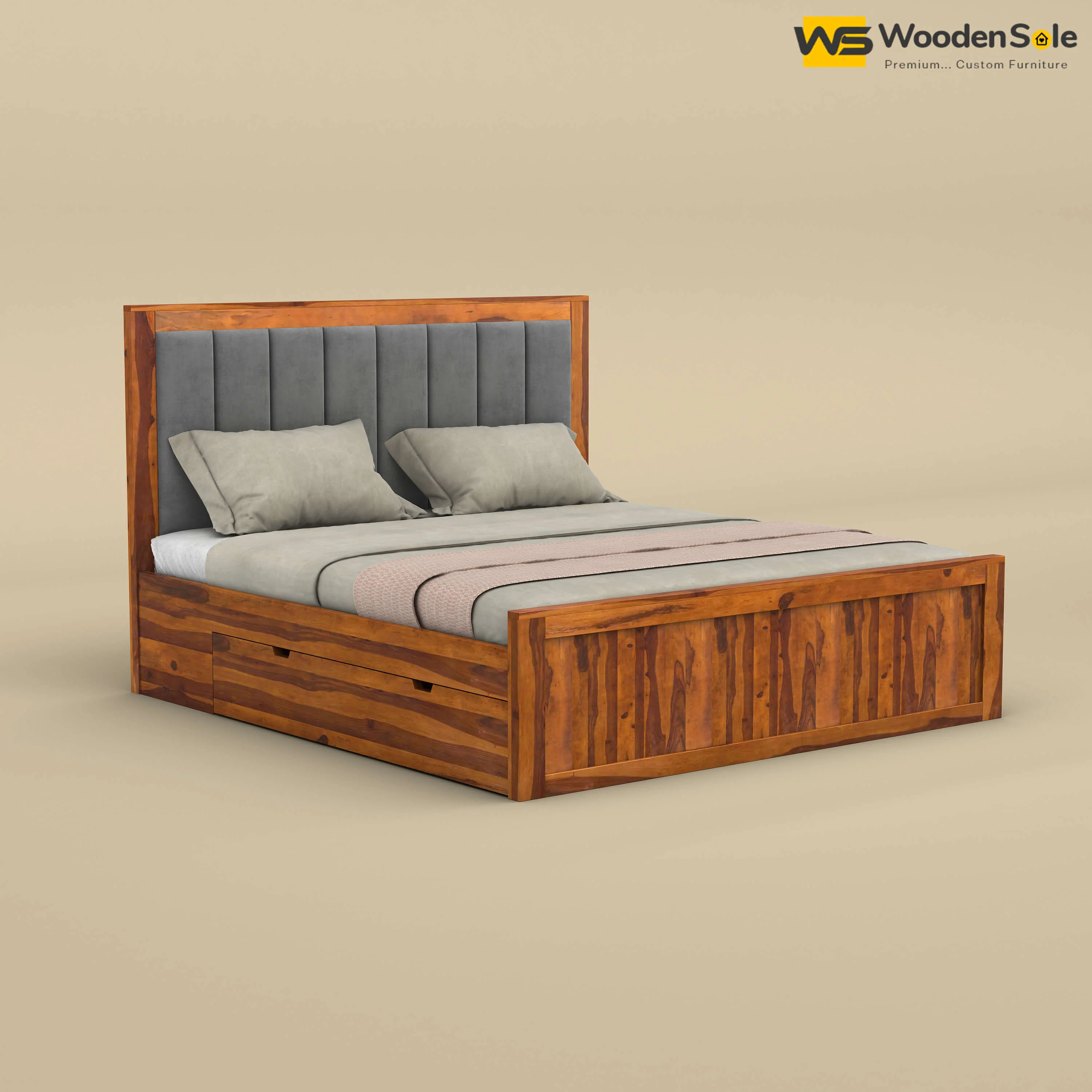 Hamza Drawer Storage Bed (Queen Size, Honey Finish)