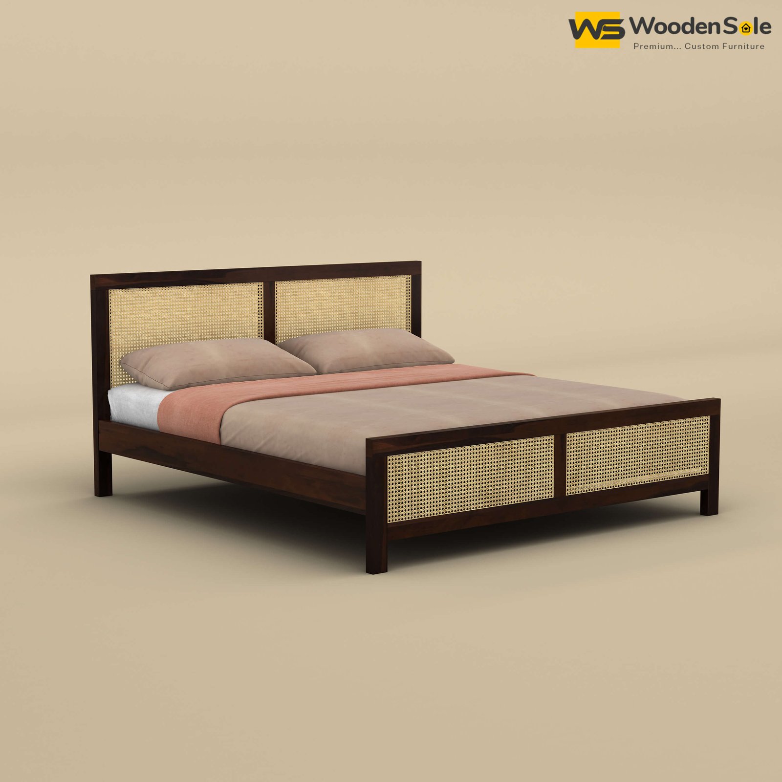 Mid Century Cane Wooden Bed (Queen Size, Walnut Finish)