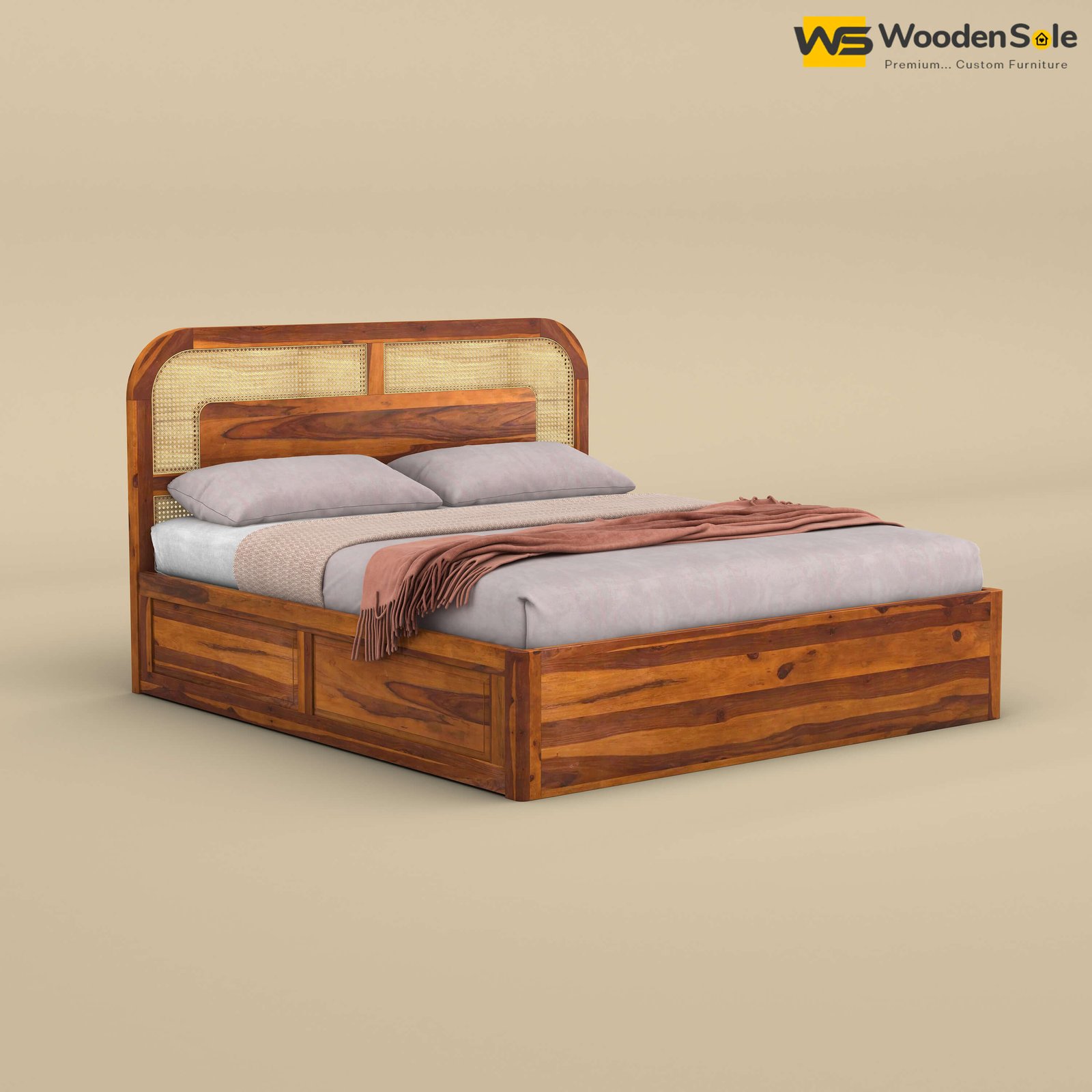Modern Cane Box Storage Bed (Queen Size, Honey Finish)
