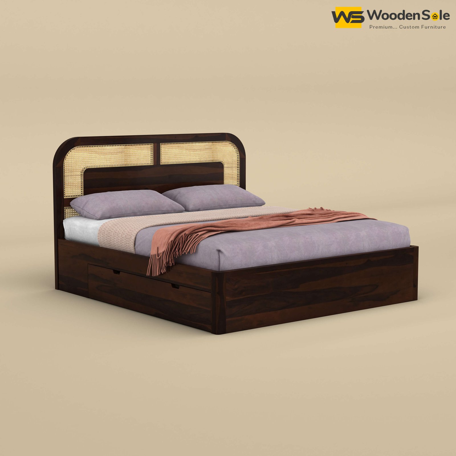 Modern Cane Drawer Storage Bed (Queen Size, Walnut Finish)