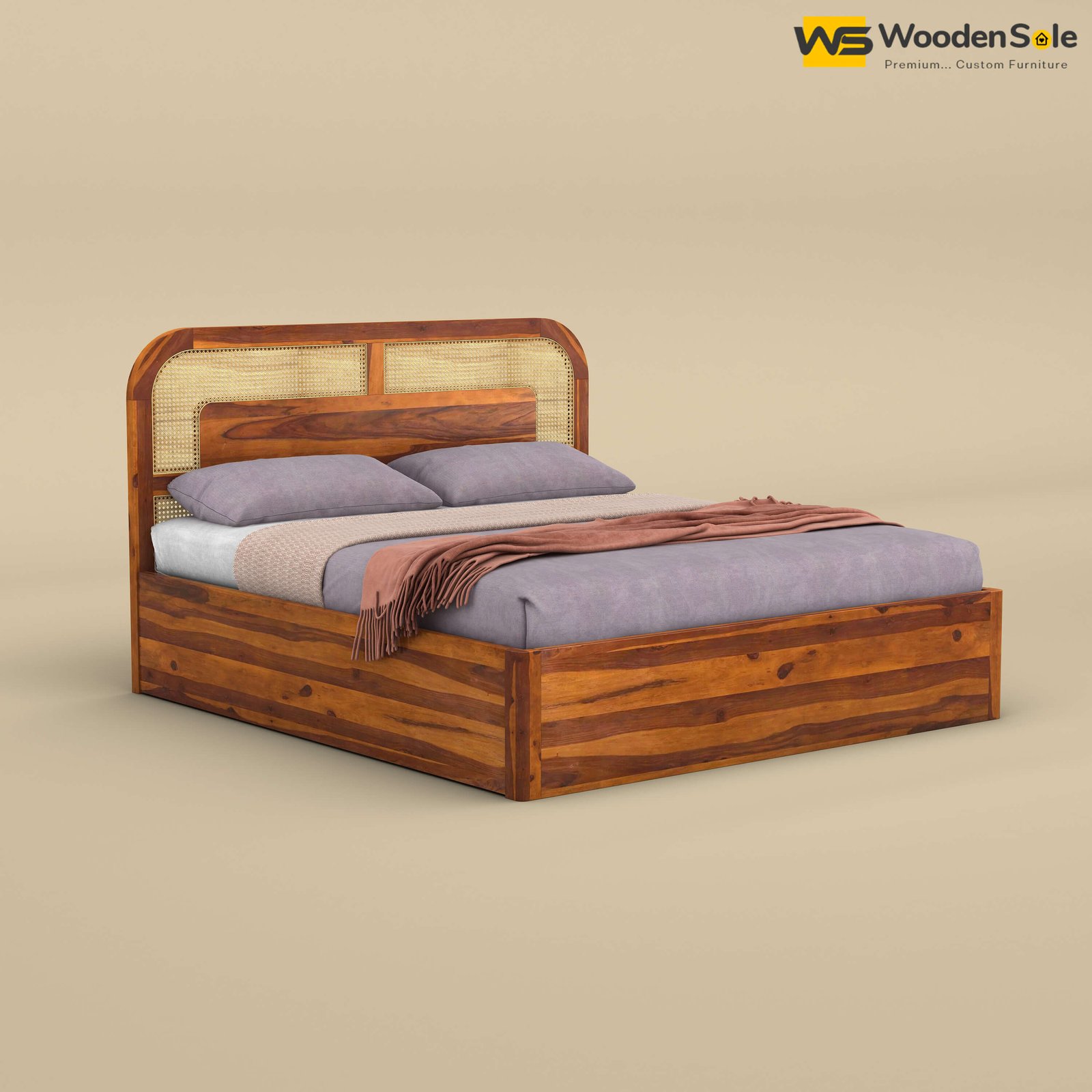 Modern Cane Hydraulic Storage Bed (Queen Size, Honey Finish)