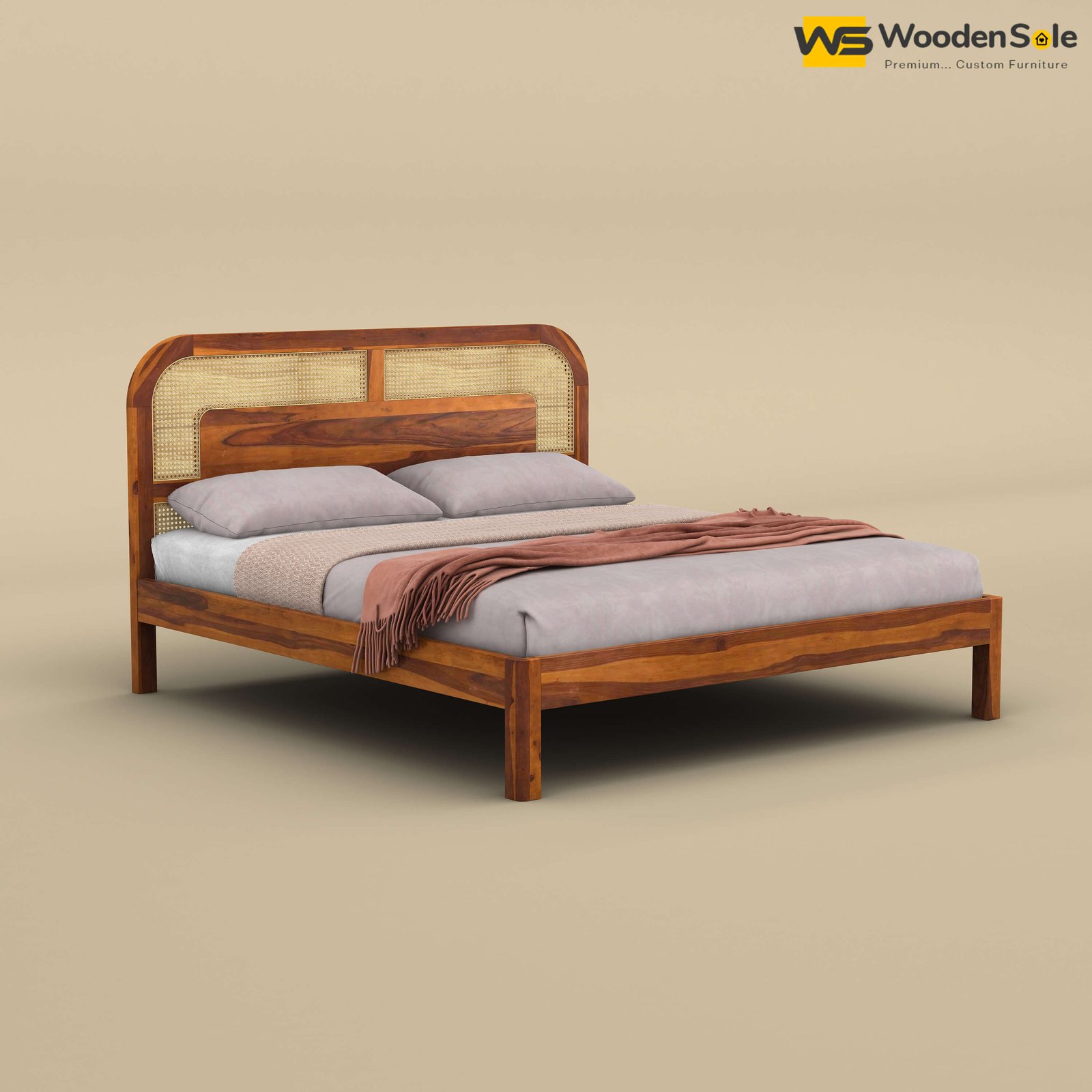 Modern Cane Without Storage Bed (Queen Size, Honey Finish)